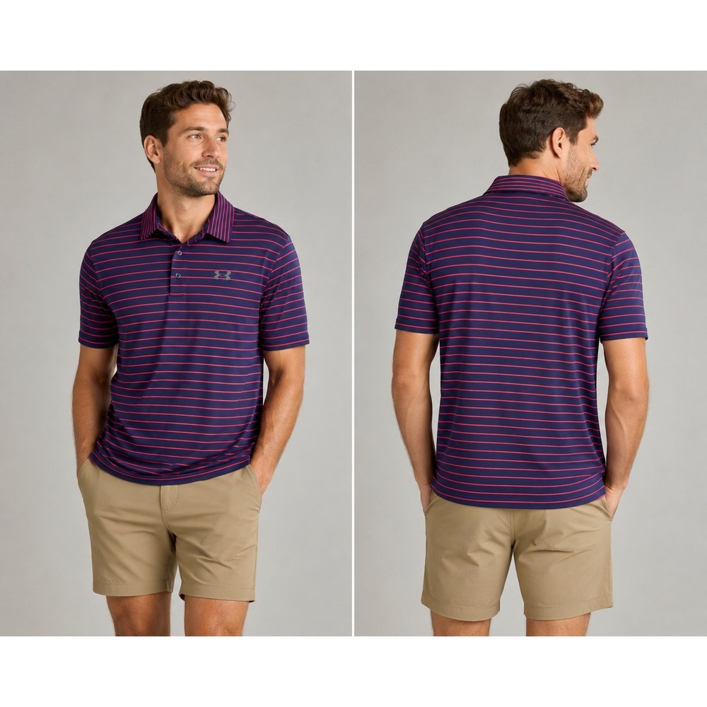 Under Armour Mens Size XL Playoff Polo Shirt Blue Pink Stripe Golf HeatGear